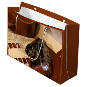Grand Sac Cadeau Caméra analogique vintage en coque marron cuir