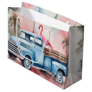 Grand Sac Cadeau Camion bleu rétro avec Flamant rose