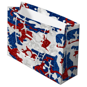 Grand Sac Cadeau Camo rouge, blanc et bleu avec paillettes pour le