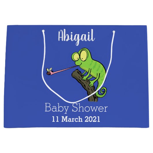 Grand Sac Cadeau Caricature de lézard de caméléon vert joyeux (Devant)