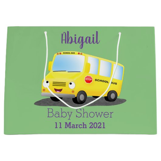Grand Sac Cadeau Caricature du bus scolaire jaune joyeux (Devant)