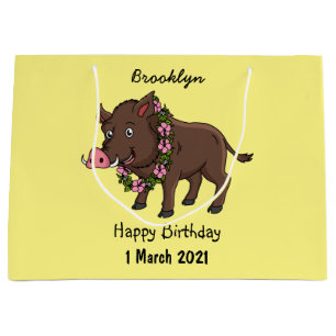 Grand Sac Cadeau Caricature mignonne sanglier et fleurs