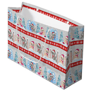 Grand Sac Cadeau Caricatures de marionnettes moelleuses Noël neige