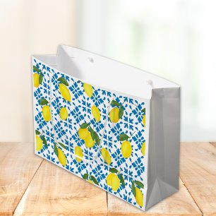 Grand Sac Cadeau Carreau de pays français motif citron bleu