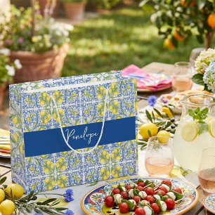 Grand Sac Cadeau Carreau portugais bleu au citron méditerranéen