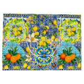 Grand Sac Cadeau Carreaux fleuris d'agrumes siciliens bleu chic (Dos)