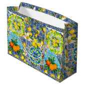 Grand Sac Cadeau Carreaux fleuris d'agrumes siciliens bleu chic (Dos Angle)
