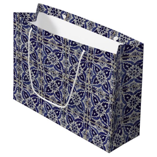 Grand Sac Cadeau Carrelage italien rustique Azulejo bleu blanc géom (Devant Angle)