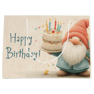 Grand Sac Cadeau Carte d'anniversaire fantaisiste : Gnome tenant un