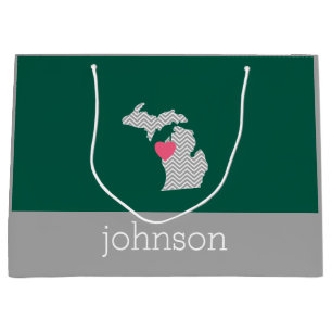 Grand Sac Cadeau Carte de l'État du Michigan avec cœur et nom perso
