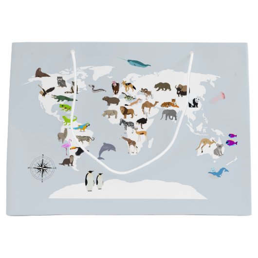 Grand Sac Cadeau Carte du monde pour enfants Animaux (Devant)