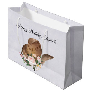 Grand Sac Cadeau Casquette Brown Cowgirl aux fleurs roses Anniversa