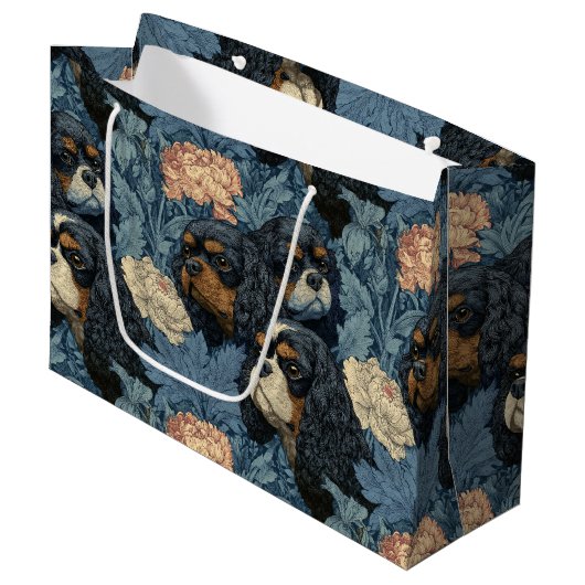 Grand Sac Cadeau Cavalier King Charles Floral Blue Design (Devant Angle)