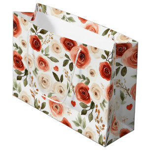 Grand Sac Cadeau Cérémonie de mariage : coeurs et fleurs rouges et