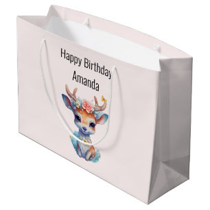 Grand Sac Cadeau Cerf de Bébé mignon avec Antlers et Fleurs Anniver