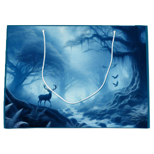 Grand Sac Cadeau Cerfs dans une forêt sombre de brume bleue