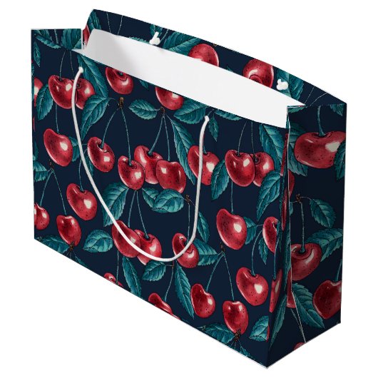 Grand Sac Cadeau Cerises rouges sur bleu foncé (Dos Angle)