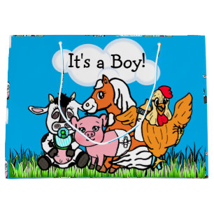 Grand Sac Cadeau C'est un garçon, Baby shower Animaux de ferme Thèm