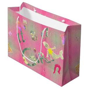 Grand Sac Cadeau "C'est une fille" Pink Illustrated Floral Font Lrg