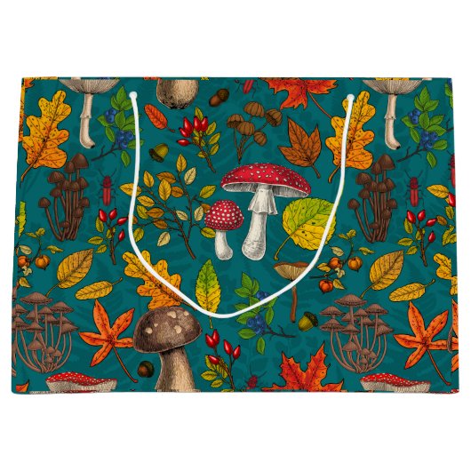 Grand Sac Cadeau Champignons d'automne, feuilles, noix et baies sur (Devant)