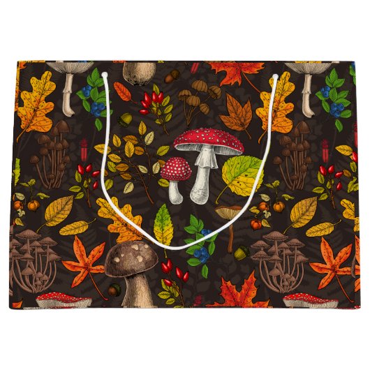 Grand Sac Cadeau Champignons d'automne, feuilles, noix et baies sur (Devant)