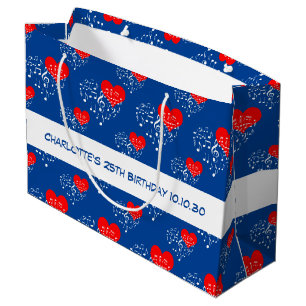 Grand Sac Cadeau Chanter Motif de coeur. Coeurs rouges, notes blanc