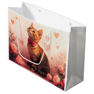 Grand Sac Cadeau Chat abyssin avec des roses - Saint-Valentin