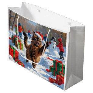 Grand Sac Cadeau Chat abyssin Scène de neige festive de Noël