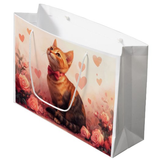 Grand Sac Cadeau Chat abyssinien avec Rose - Saint Valentin (Devant Angle)