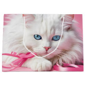 Grand Sac Cadeau Chat Blanc Avec Rubans Roses (Devant)