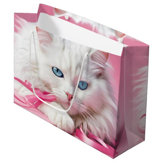 Grand Sac Cadeau Chat Blanc Avec Rubans Roses (Devant Angle)