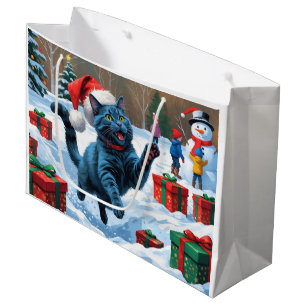 Grand Sac Cadeau Chat Bleu Russe Courant dans la Neige avec un Chap