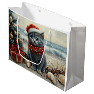 Grand Sac Cadeau Chat Bleu Russe Noël Vintage Plage