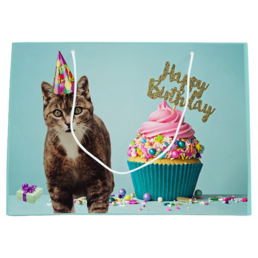 Grand Sac Cadeau Chat d'anniversaire amusant avec Cupcake (Devant)