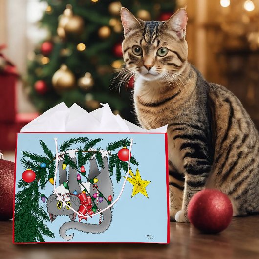 Grand Sac Cadeau Chat d'arbre de Noël à pendre drôle