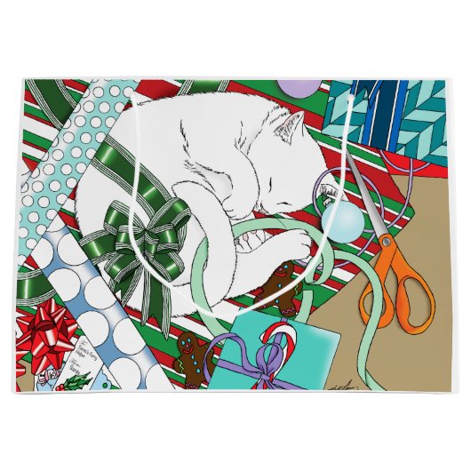 Grand Sac Cadeau Chat de Noël blanc (Devant)