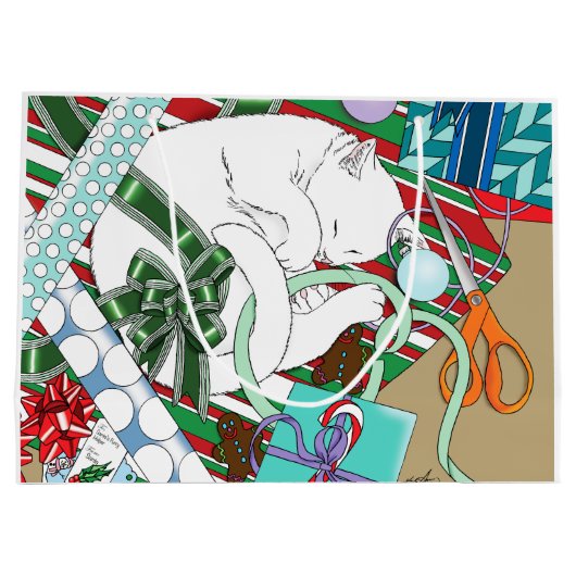 Grand Sac Cadeau Chat de Noël blanc (Dos)