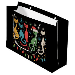 Grand Sac Cadeau Chat de Noël Look Mid Century Modern Rétro 50s 60s