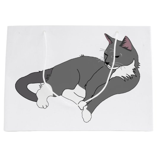 Grand Sac Cadeau Chat gris et blanc Tuxedo (Devant)