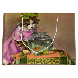 Grand Sac Cadeau chat habillé et bol de poisson