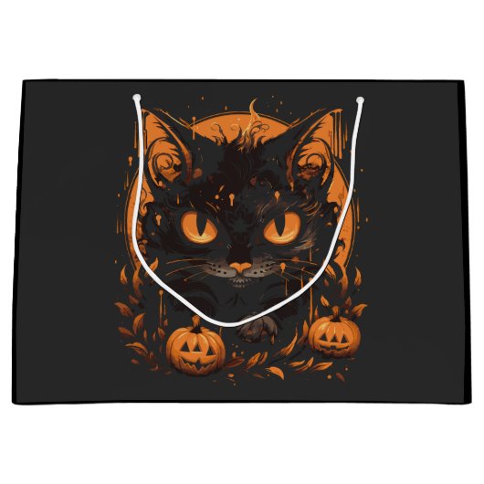 Grand Sac Cadeau Chat noir d'Halloween avec Citrouilles et lune (Devant)