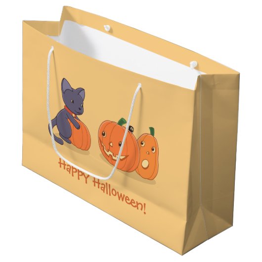 Grand Sac Cadeau Chat noir d'Halloween et Citrouilles sur Orange (Devant Angle)