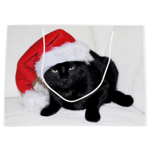 Grand Sac Cadeau Chat noir mignon avec le casquette de Père Noël (Devant)