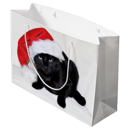 Grand Sac Cadeau Chat noir mignon avec le casquette de Père Noël (Dos Angle)