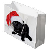 Grand Sac Cadeau Chat noir mignon avec le casquette de Père Noël (Devant Angle)
