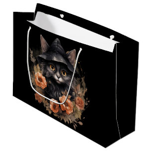 Grand Sac Cadeau Chat noir mignon dans le Casquette d'une sorcière