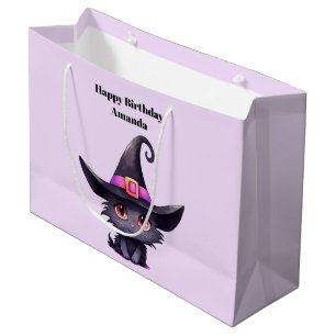 Grand Sac Cadeau Chat noir mignon portant une sorcière Casquette An