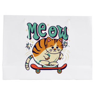 Grand Sac Cadeau Chat qui fait du skate Meow