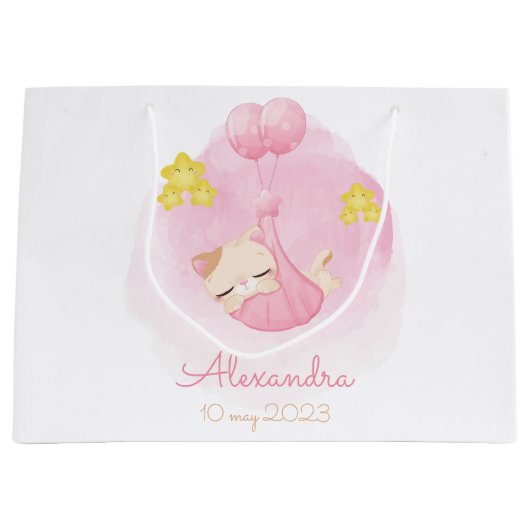Grand Sac Cadeau Chat rose bébé personnalisé Nom et date personnali (Devant)