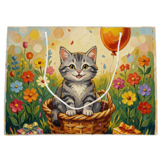 Grand Sac Cadeau Chat tigré & Fleurs | Joyeux Anniversaire Fille